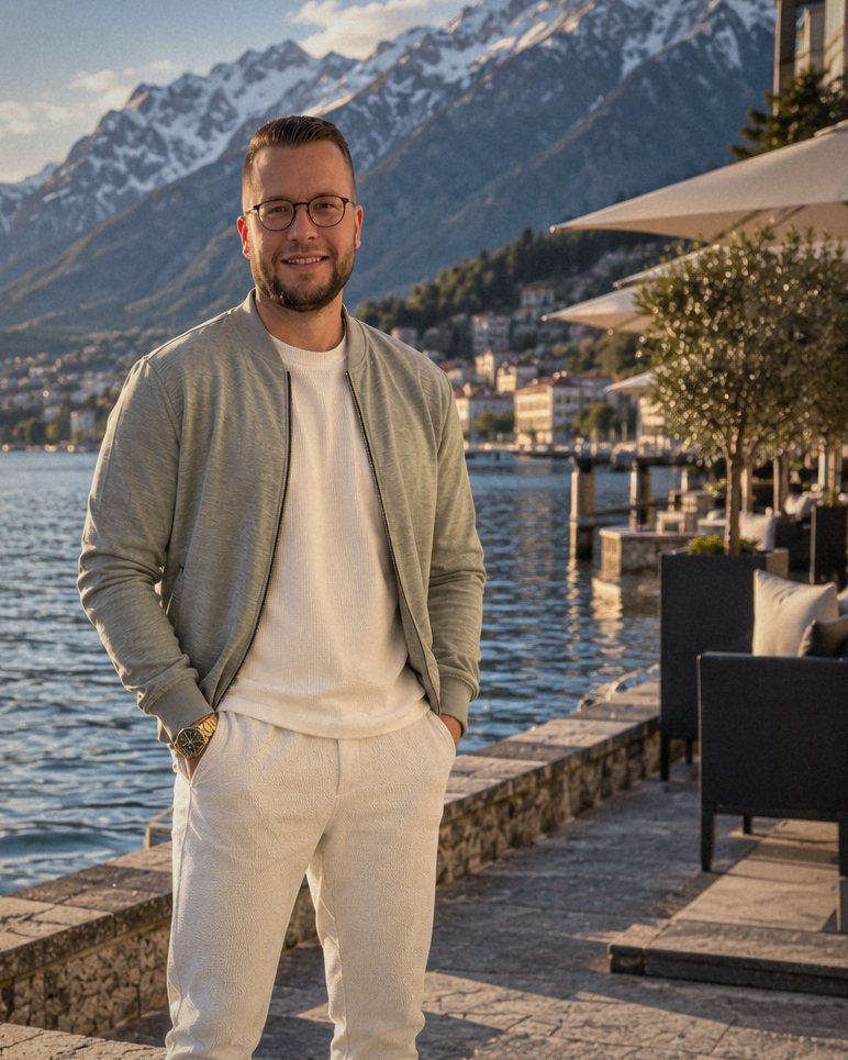 Jürgen Janssen in heller Freizeitkleidung an einem Bergsee